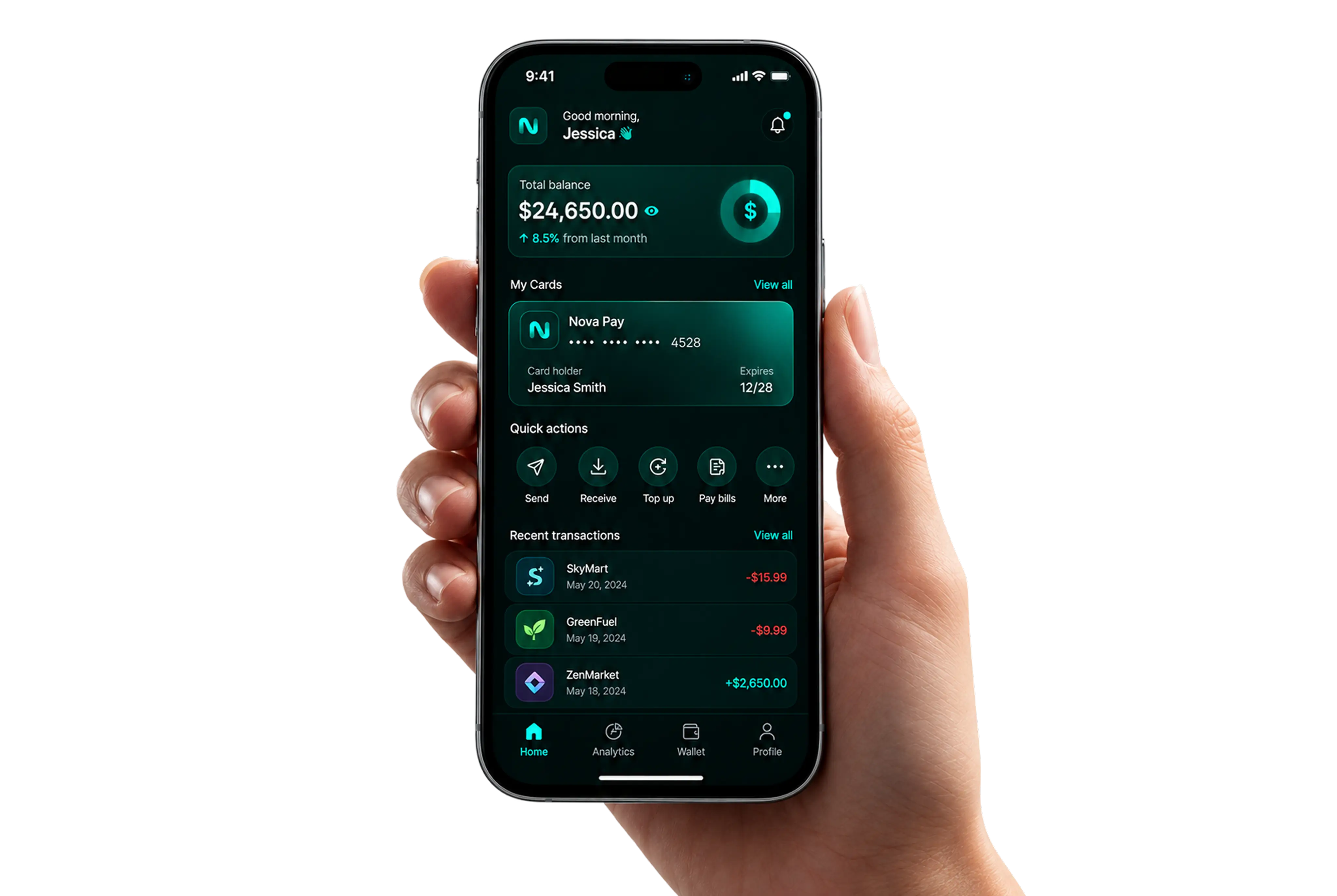 Hand holding a phone showing the Fexiva finance dashboard