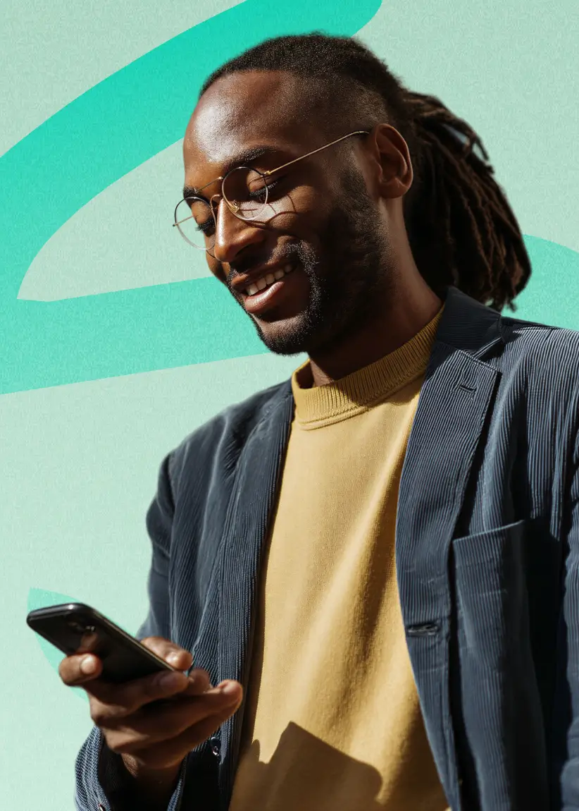 Smiling Fexiva customer using the mobile app