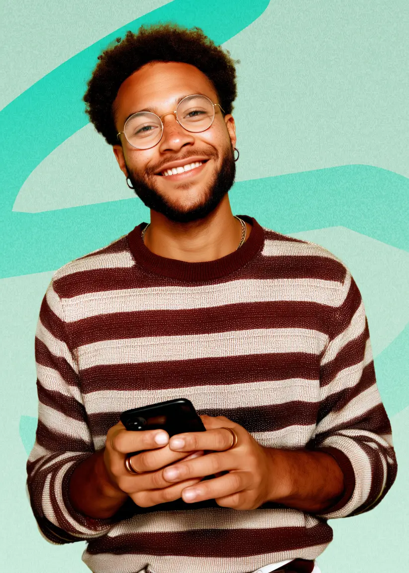 Smiling Fexiva customer using the mobile app