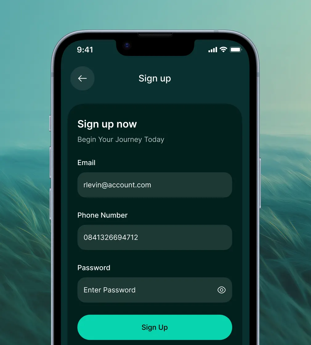 Fexiva sign-up screen on a phone